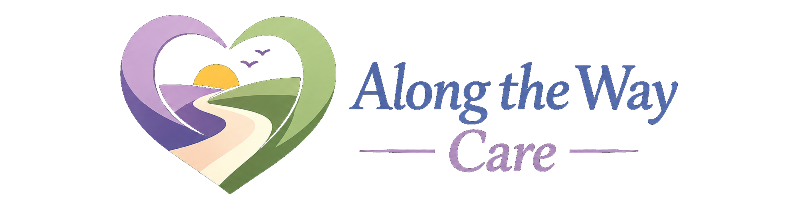 Along the Way Care logo featuring a heart, winding path, and purple dementia-awareness colors